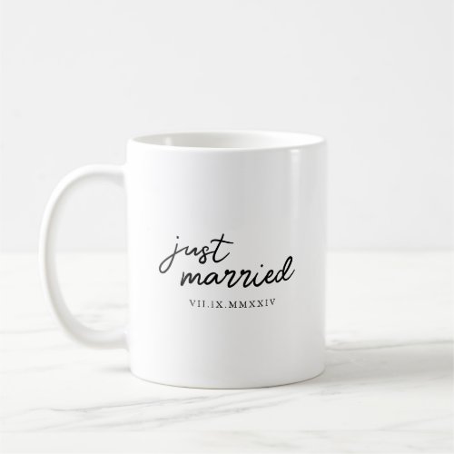 Minimal "Just Married" Script Roman Numeral Date Coffee Mug