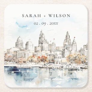 Minimal Kansas City Missouri Watercolor Wedding Square Paper Coaster