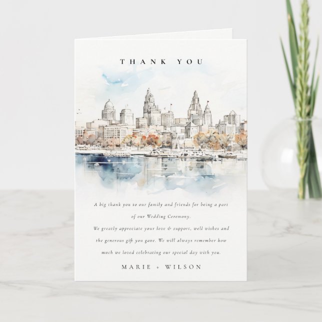 Minimal Kansas City Missouri Watercolor Wedding Thank You Card (Front)