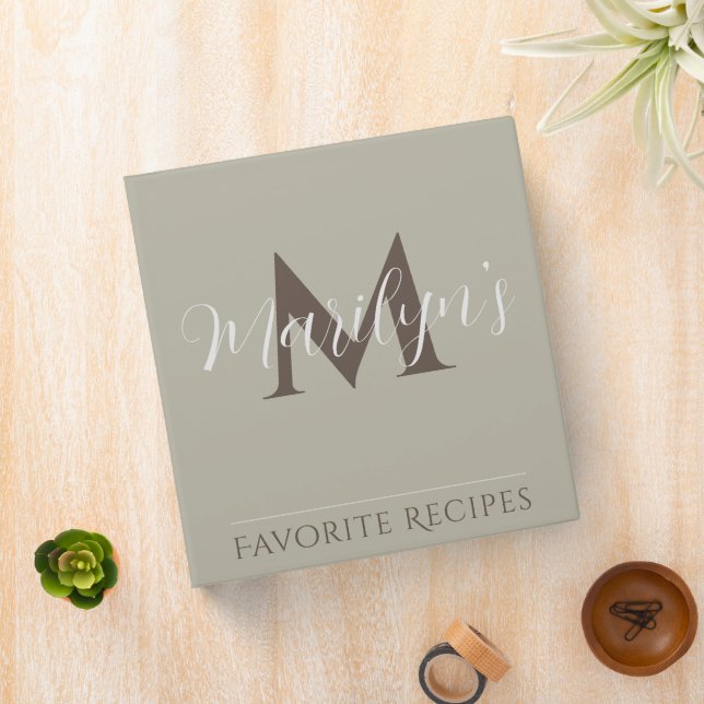 Minimal Khaki Script Monogram Recipe Cookbook 3 Ring Binder (In Situ)