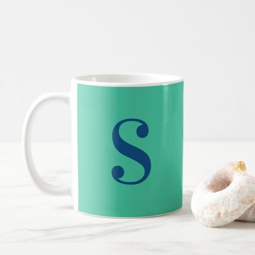 Minimal Large Blue Monogram on Mint Green Coffee Mug