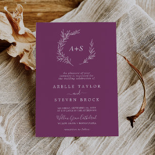Minimal Leaf Berry Formal Monogram Wedding Invitation