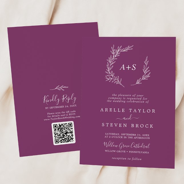 Minimal Leaf | Berry Monogram QR Code Wedding Invitation (Creator Uploaded)