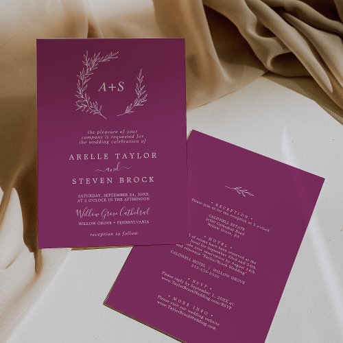 Minimal Leaf  Berry Purple All In One Wedding Invitation