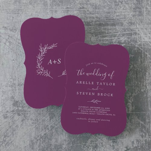 Minimal Leaf  Berry Purple Monogram Back Wedding Invitation