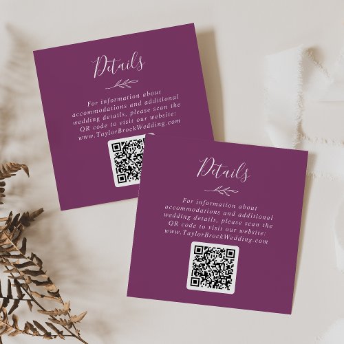 Minimal Leaf Berry Purple QR Code Wedding Details Enclosure Card