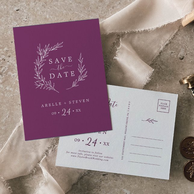 Minimal Leaf | Berry Purple Save the Date Invitation Postcard (Creator Uploaded)
