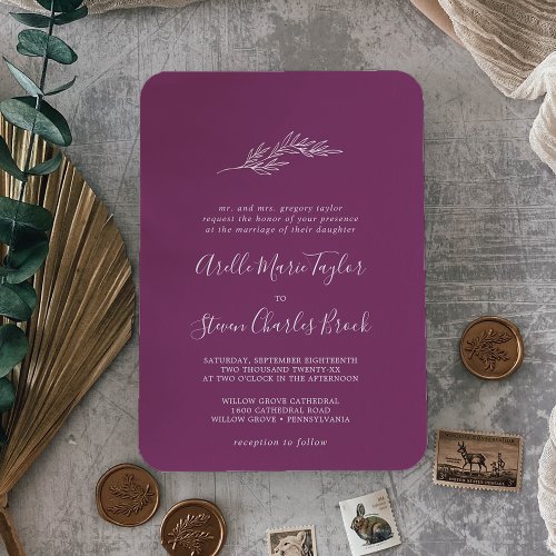 Minimal Leaf  Berry Purple Traditional Wedding Invitation