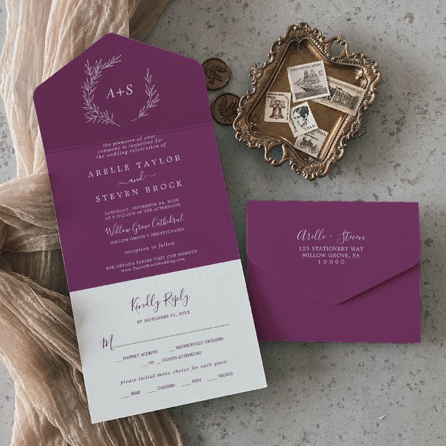 Minimal Leaf | Berry Purple Wedding All In One Invitation (Creator Uploaded)