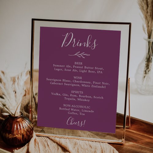Minimal Leaf  Berry Purple Wedding Drinks Menu Poster