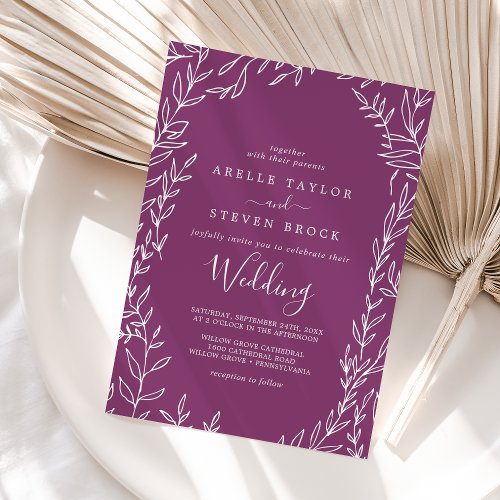 Minimal Leaf  Berry Purple Wedding Invitation