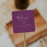 Minimal Leaf | Berry Purple Wedding Welcome Square Sticker<br><div class="desc">These minimal leaf berry purple wedding welcome stickers are perfect for a boho wedding. The design features a simple greenery leaf silhouette in a romantic summer violet color with minimalist bohemian garden style. Personalize these stickers with the location of your wedding, names, and wedding date. These labels are perfect for...</div>
