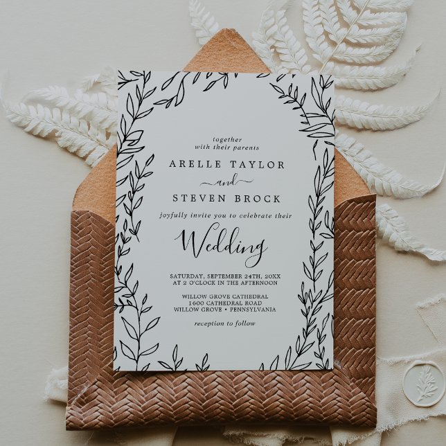 Minimal Leaf | Black and White Wedding Invitation (Creator Uploaded)