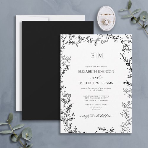 Minimal Leaf Black White Elegant Monogram Wedding Invitation