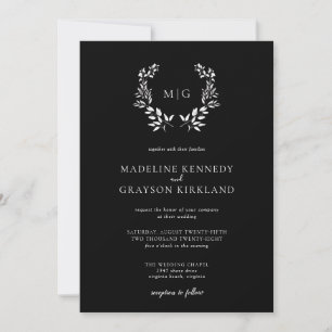Minimal Leaf   Black White Monogram Wedding  Invitation