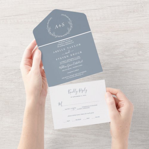 Minimal Leaf  Blue and White All In One Invitation
