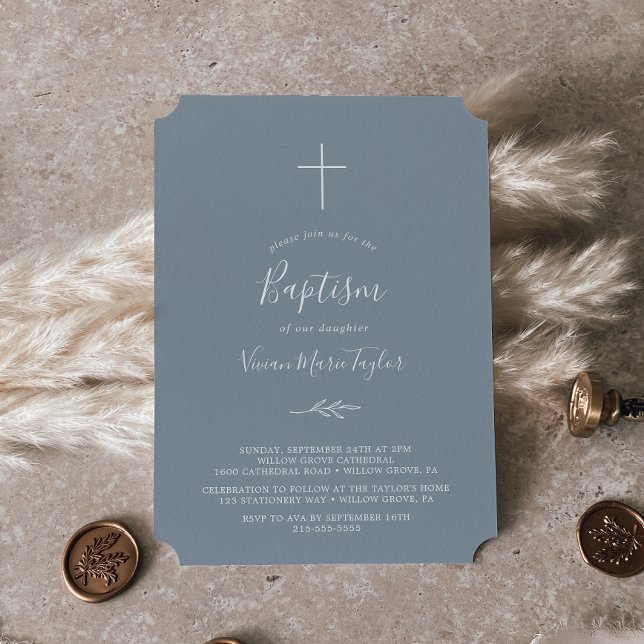 Minimal Leaf | Blue and White Baptism Invitation (Creator Uploaded)