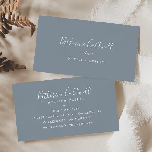 Minimal Leaf  Blue and White Business Card