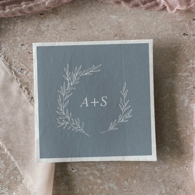Minimal Leaf | Blue and White Monogram Wedding Napkins (Creator Uploaded)
