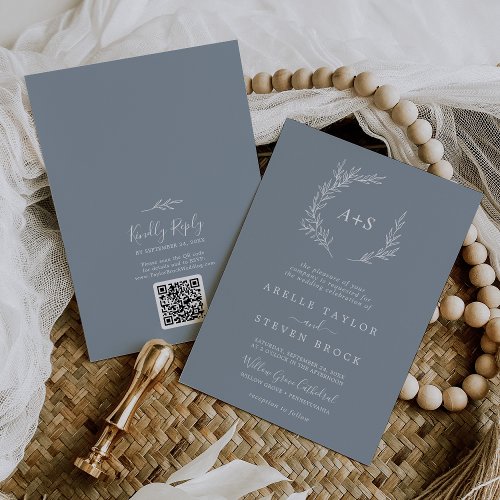 Minimal Leaf  Blue and White QR Code Wedding Invitation
