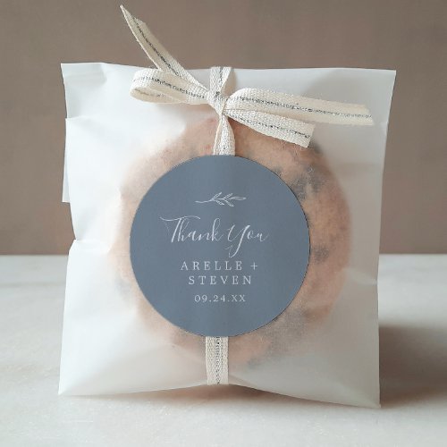 Minimal Leaf  Blue and White Thank You Favor Classic Round Sticker