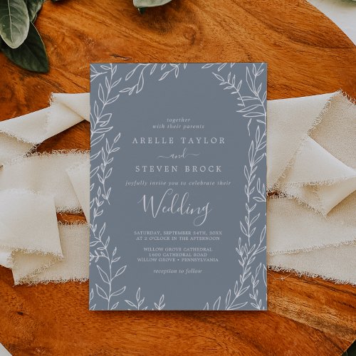 Minimal Leaf  Blue and White Wedding Invitation