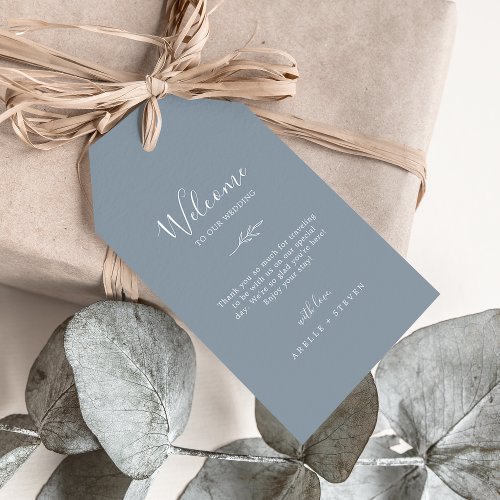 Minimal Leaf  Blue and White Wedding Welcome Gift Tags