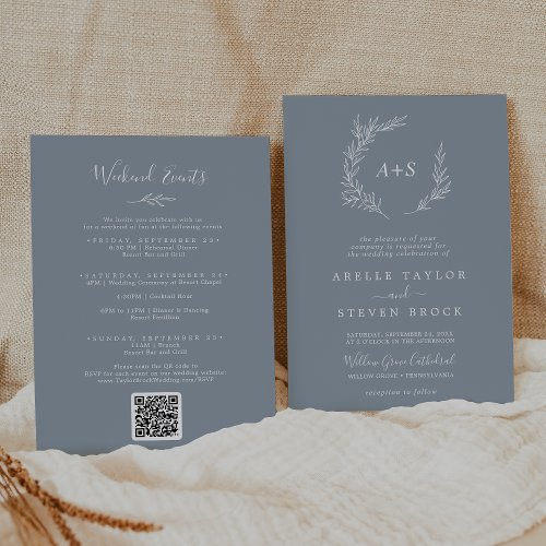 Minimal Leaf Blue and White Weekend Events Wedding Invitation