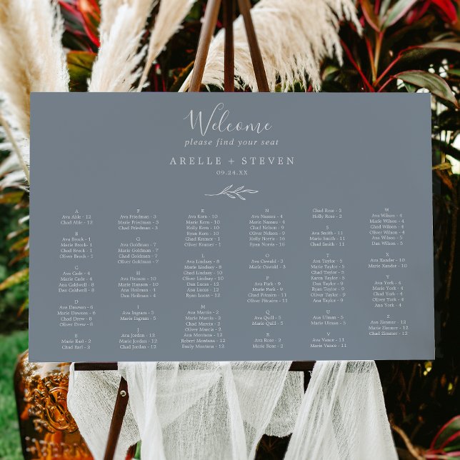 Minimal Leaf Blue White Alphabetical Seating Chart Foam Board (Creator Uploaded)