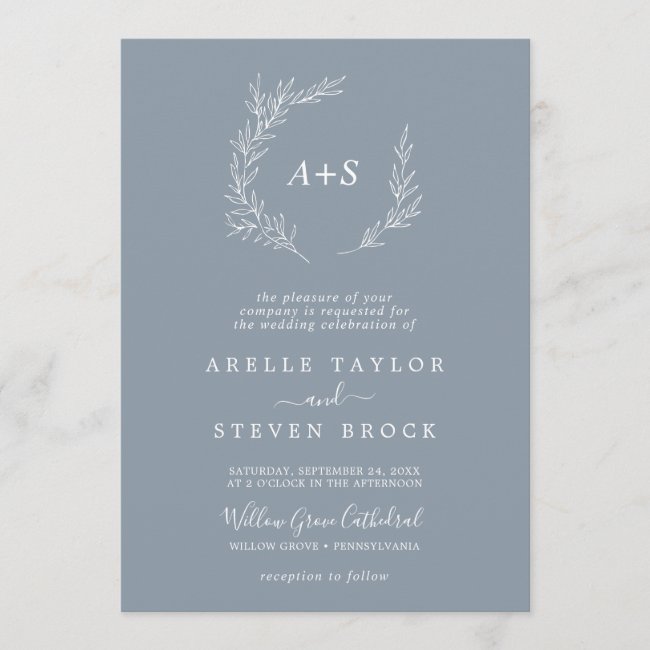 Minimal Leaf Blue & White Formal Monogram Wedding Invitation