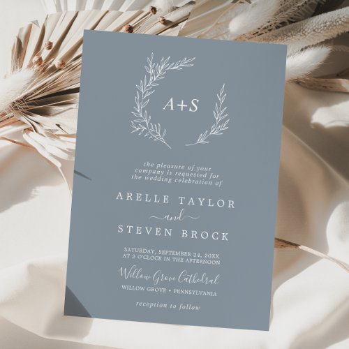 Minimal Leaf Blue  White Formal Monogram Wedding Invitation