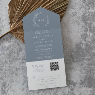 Minimal Leaf Blue White Simple QR Code Wedding All In One Invitation