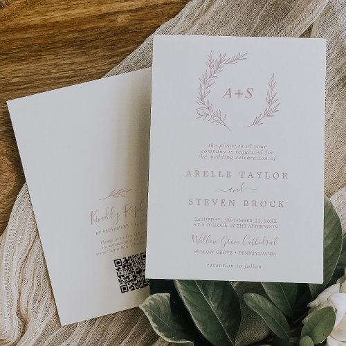 Minimal Leaf  Blush Pink Monogram QR Code Wedding Invitation
