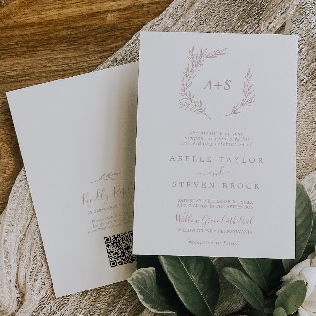 Minimal Leaf | Blush Pink Monogram QR Code Wedding Invitation (Creator Uploaded)