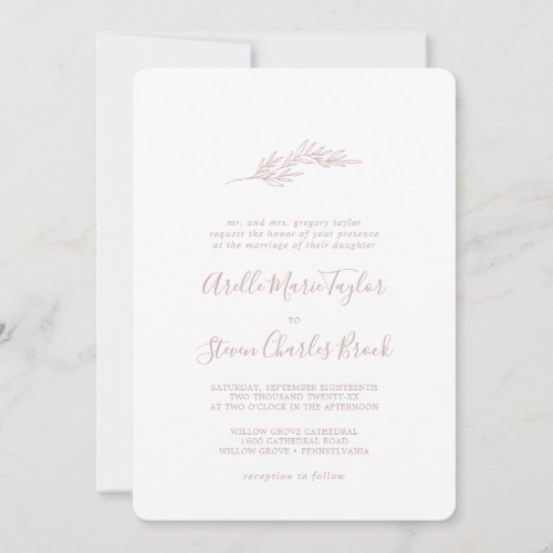 Minimal Leaf  Blush Pink Traditional Wedding Invitation