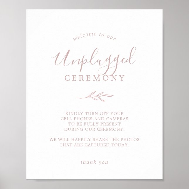 Minimal Leaf | Blush Pink Unplugged Ceremony Sign (Front)