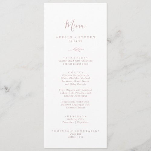 Minimal Leaf  Blush Pink Wedding Dinner Menu