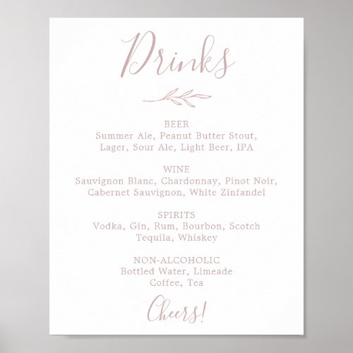 Minimal Leaf  Blush Pink Wedding Drinks Menu Sign