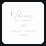 Minimal Leaf | Blush Pink Wedding Welcome Square Sticker<br><div class="desc">These minimal leaf blush pink wedding welcome stickers are perfect for an elegant wedding. The design features a simple greenery silhouette in light blush pink with classic minimalist style. Personalize these stickers with the location of your wedding, names, and wedding date. These labels are perfect for destination weddings and hotel...</div>