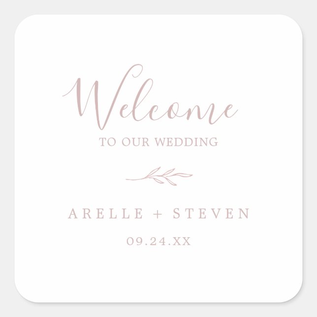 Minimal Leaf | Blush Pink Wedding Welcome Square Sticker (Front)