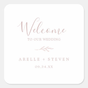 Minimal Leaf Blush Pink Wedding Welcome Square Sticker