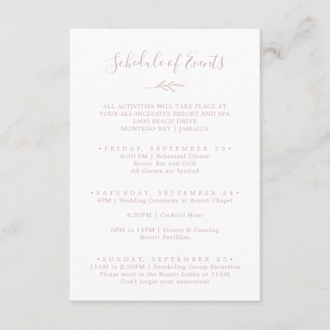Minimal Leaf Blush Pink Weekend Schedule of Events Enclosure Card (Front)