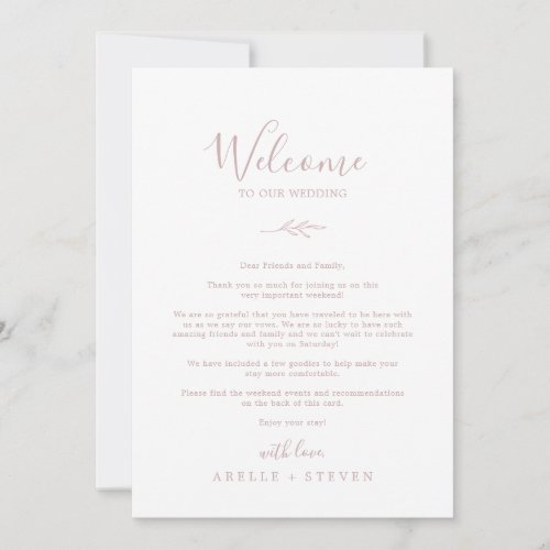 Minimal Leaf Blush Pink Welcome Letter  Itinerary