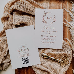 Minimal Leaf Boho Cream Monogram QR Code Wedding Invitation
