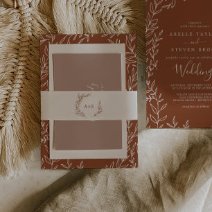 Minimal Leaf Boho Cream Monogram Wedding Invitation Belly Band