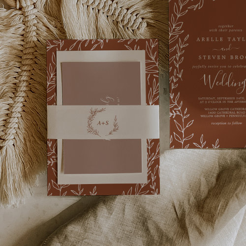 Minimal Leaf | Boho Cream Monogram Wedding Invitation Belly Band
