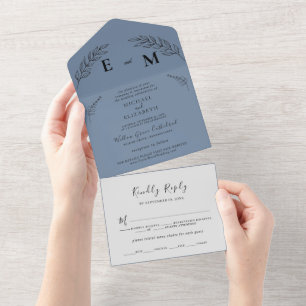 Minimal Leaf Boho Dusty Blue Wedding All In One All In One Invitation