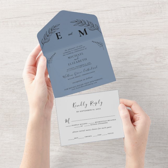 Minimal Leaf | Boho Dusty Blue Wedding  All In One Invitation (Tearaway)