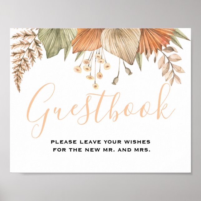 Minimal Leaf Boho Floral Wedding guestbook sign  (Front)
