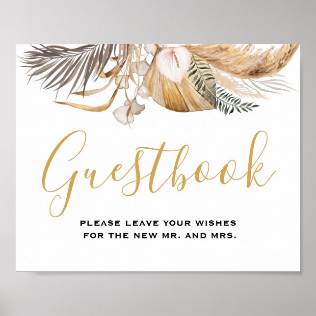 Minimal Leaf Boho Floral Wedding guestbook sign  (Front)